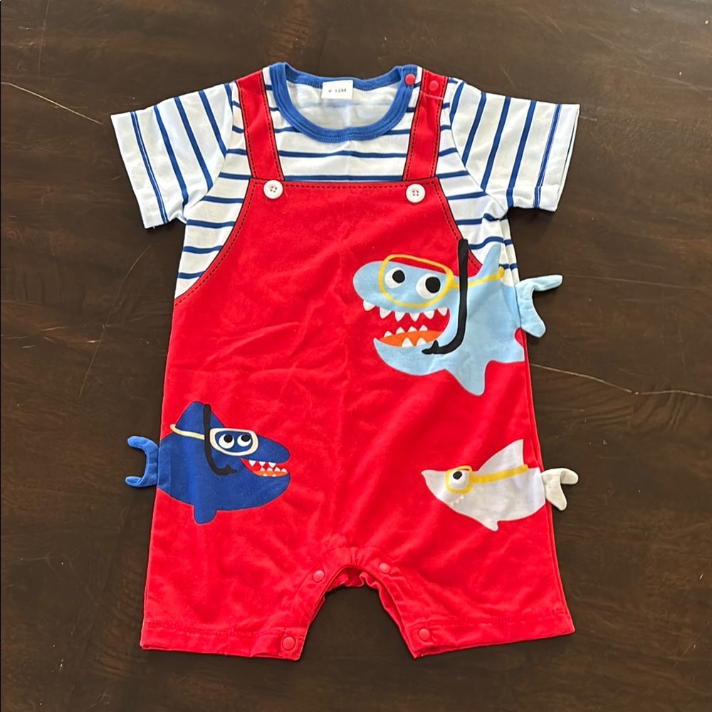 Red Shark Baby Romper with Striped Shirt